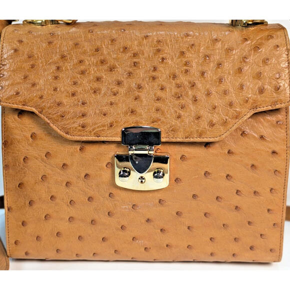Scuola Del Cuoio Ostrich Leather Caramel Brown Flap Handbag Purse Firenze Italy - Picture 3 of 16